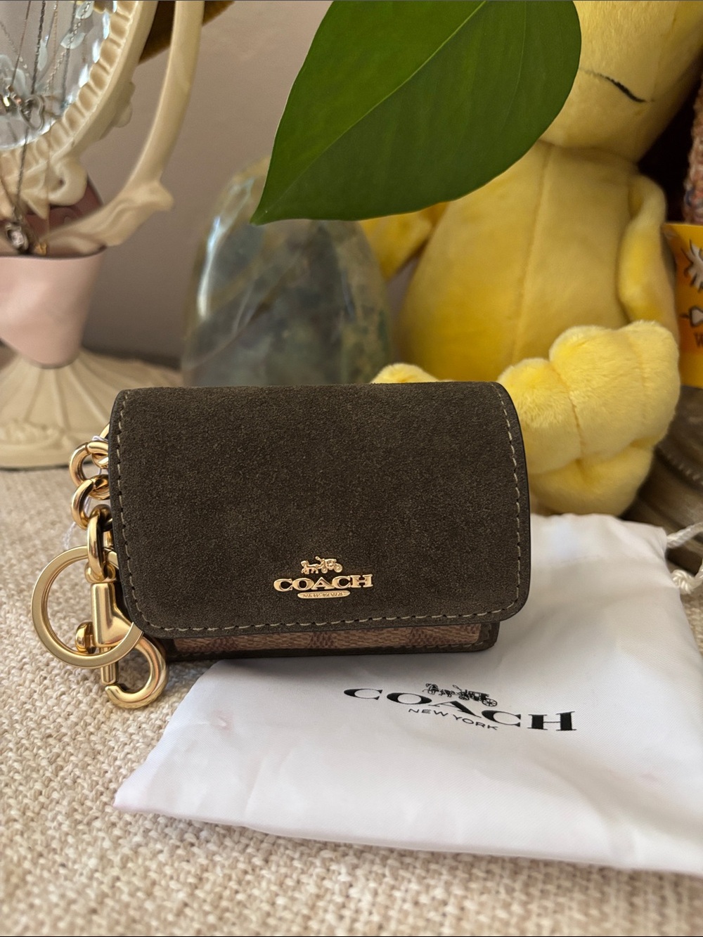 Coach Klare Bag Charm With Signature Canvas NWT Suede/Gold/Army Green/Tan